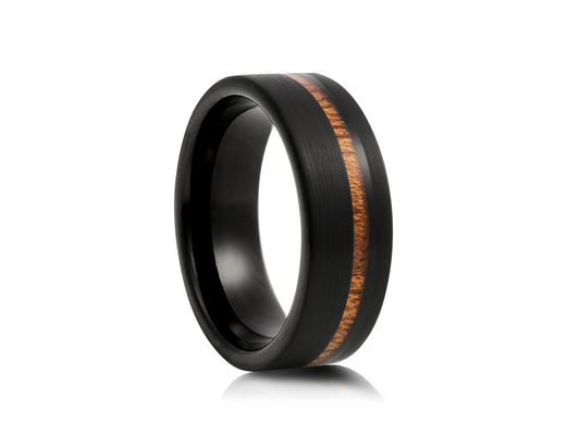 8mm Tungsten Ring - Black withSide Wood Inlay Gloss