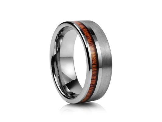 8mm Tungsten Ring - Silver with Wood Inlay and Matte Side