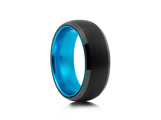 8mm Tungsten Ring - Black with Blue Interrior