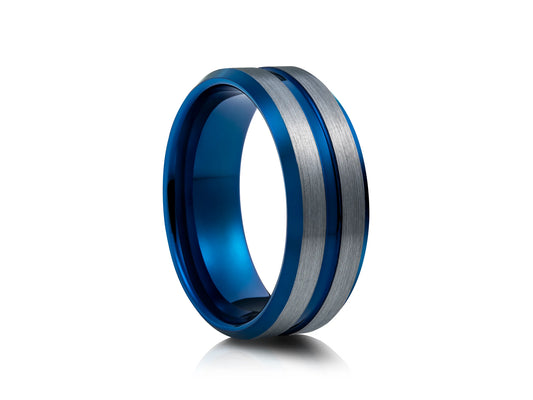 8mm Tungsten Ring - Silver with Blue Matte Double Lines