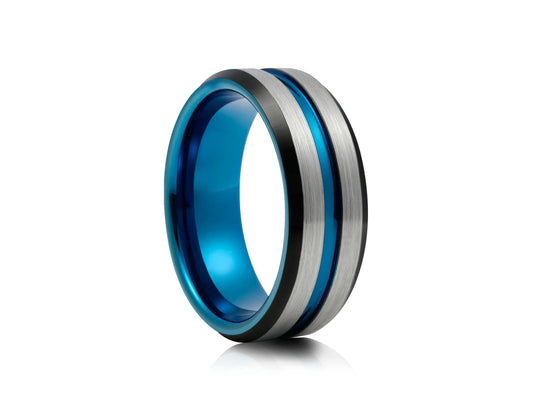 8mm Tungsten Ring - Silver with Blue Matte Double Lines and Black Trim