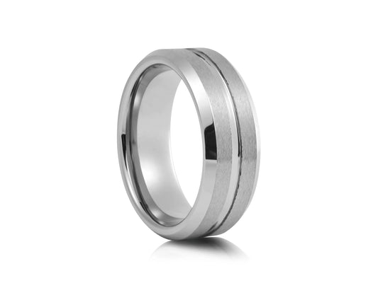 8mm Tungsten Ring - Silver with Brushed Groove and Matte Finish