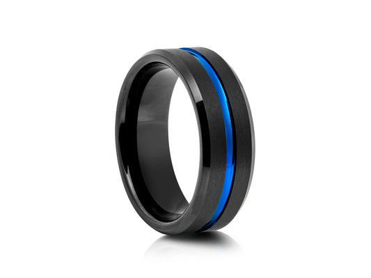 8mm Tungsten Ring - Black with Blue Groove
