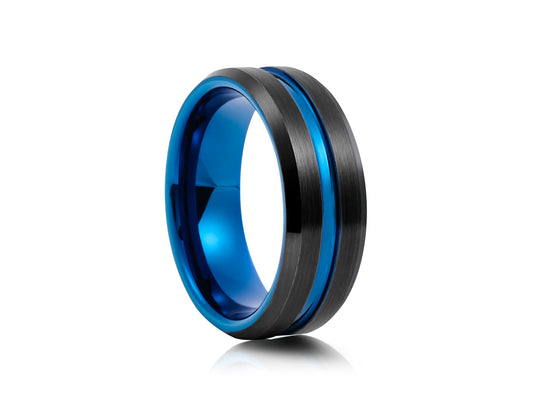 8mm Tungsten Ring - Black with Blue Groove and Interior