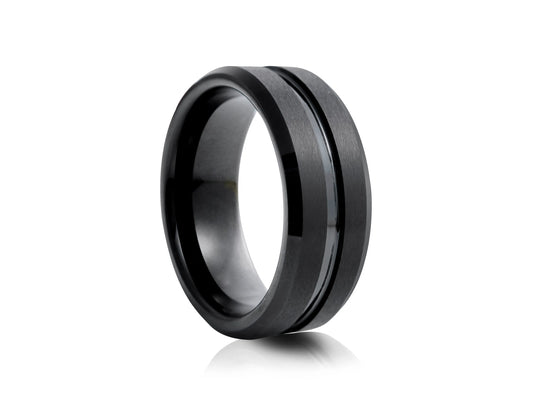 8mm Tungsten Ring - Black with Black Matte Groove with Polished Finish