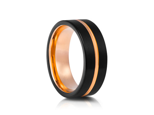 8mm Tungsten Ring - Rose Gold Platting Interior with Center With Black Matte