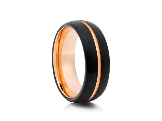 8mm Tungsten Ring - Rose Gold Platting Interior with Center With Black Matte Curved