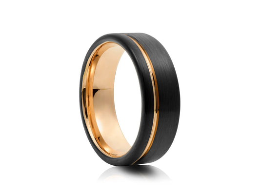 8mm Tungsten Ring - Yellow Gold Platting Interior and Center with Black Matte