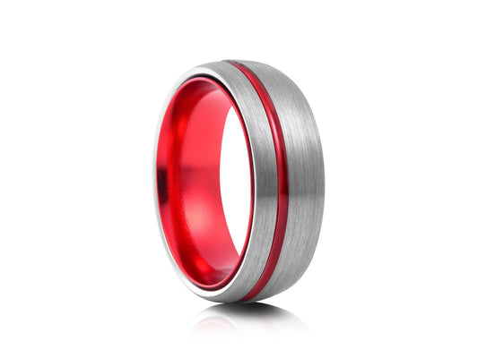 8mm Tungsten Ring - Black with Red Offset Line and Interior