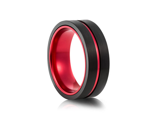 8mm Tungsten Ring - Black with Red Interior and Center Groove