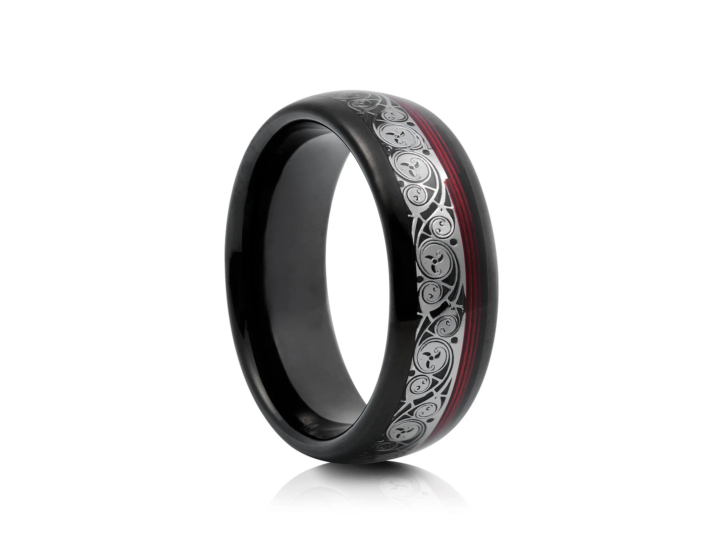 8mm Tungsten Ring - Black with Red and Silver Design Inlay