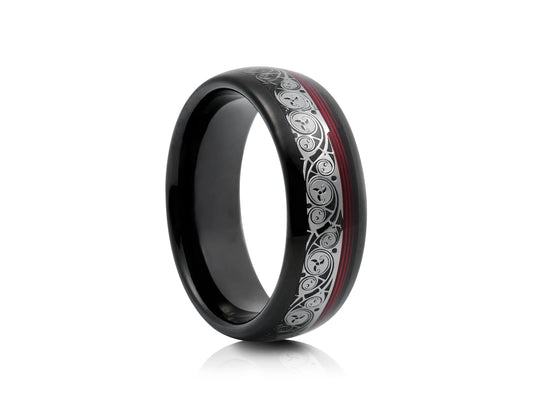 8mm Tungsten Ring - Black with Red and Silver Design Inlay