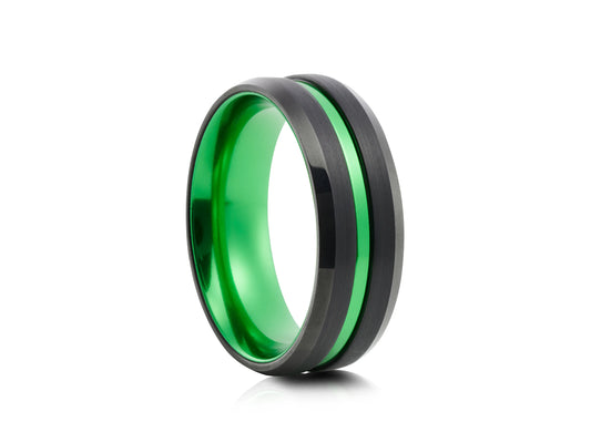 8mm Tungsten Ring - Black with Green Interior and Center Groove