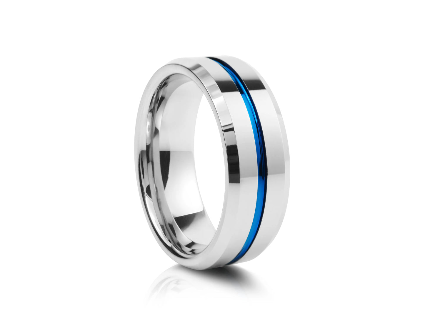 8mm Tungsten Ring - Silver with Blue Groove Center
