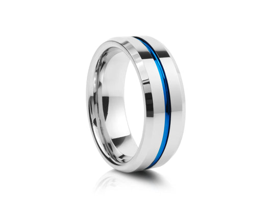 8mm Tungsten Ring - Silver with Blue Groove Center