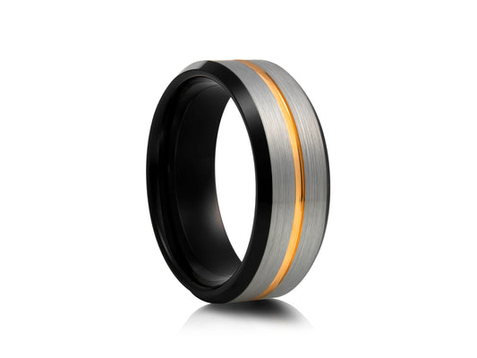 8mm Tungsten Ring - Yellow Gold Platting Center with Black and Silver Matte