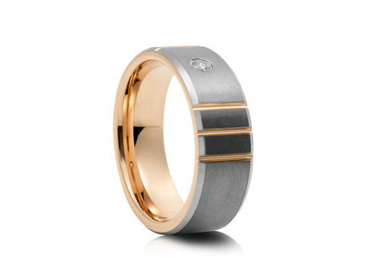 8mm Tungsten Ring - Silver with Gold Plated Grooves, Interior and a Cubic