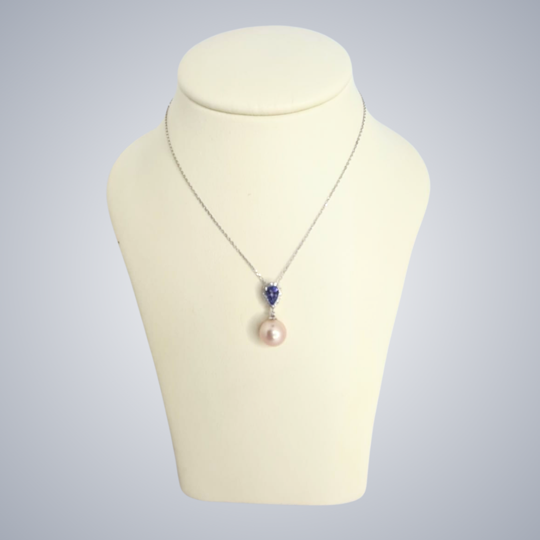 0.35ct Tanzanite and Diamond Pearl drop Pendant in 9ct White Gold