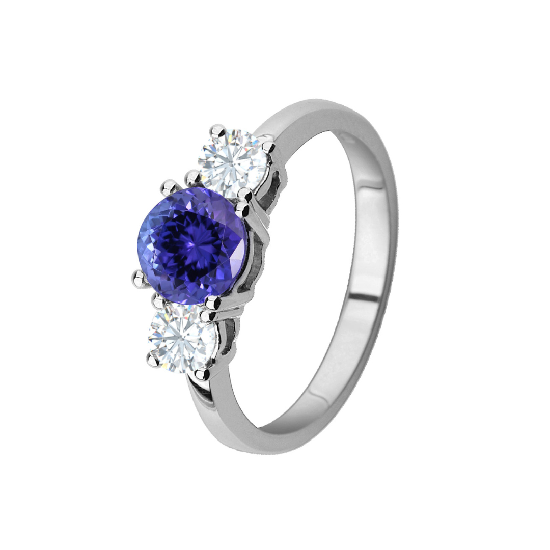 0.49ct Tanzanite Brilliant Cut with Diamond Trilogy Ring in 18ct White Gold