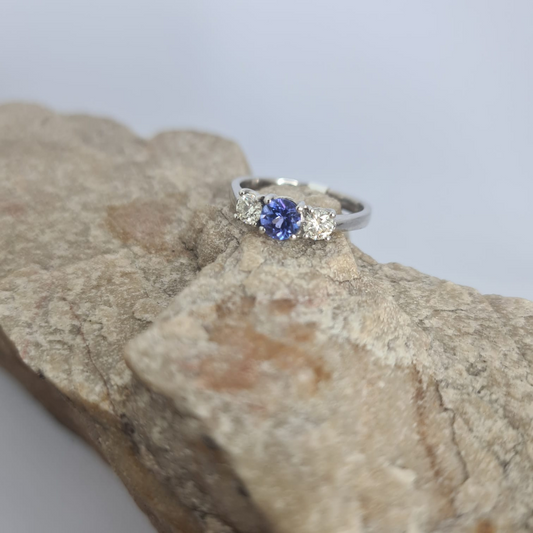 0.49ct Tanzanite Brilliant Cut with Diamond Trilogy Ring in 18ct White Gold