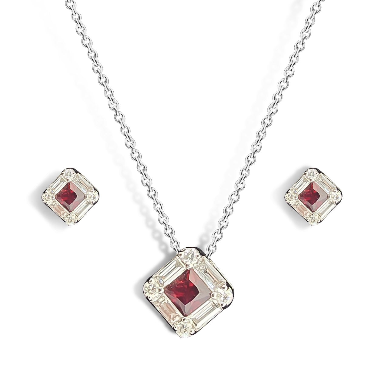 0.46ct Ruby and Diamond Baguette Halo Pendant and Earring in 9ct White Gold Set