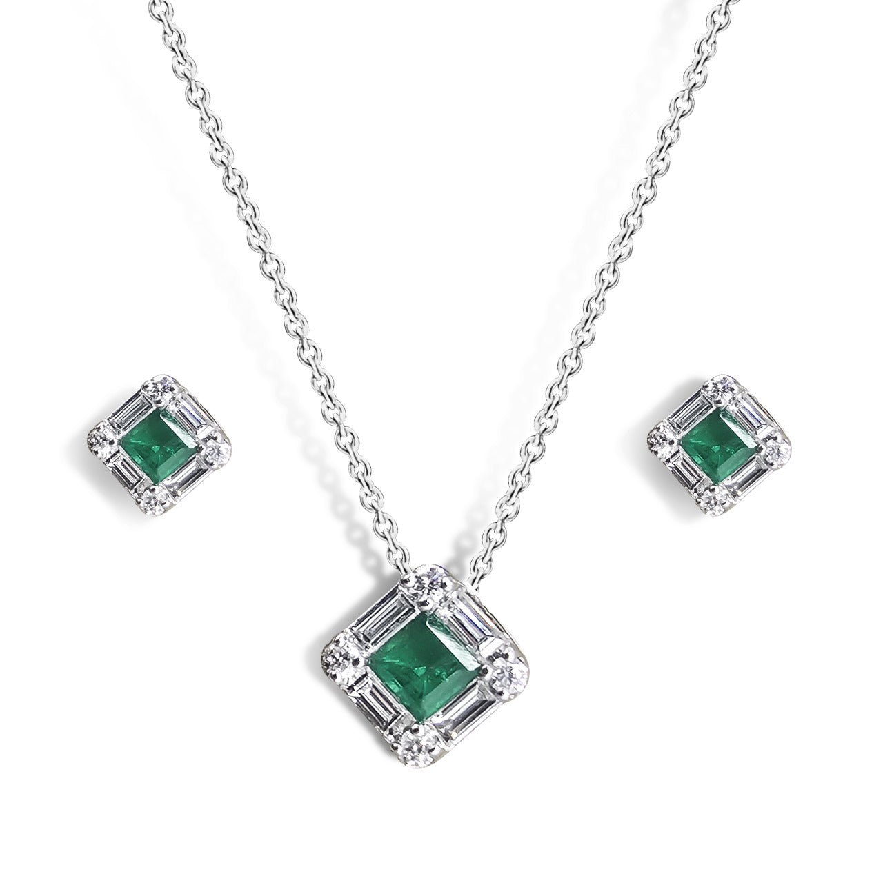 0.27ct Emerald and Diamond Baguette Halo Pendant and Earring in 9ct White Gold Set