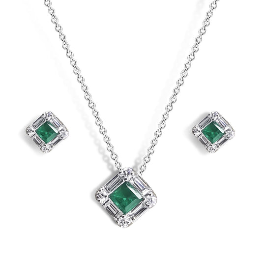 0.27ct Emerald and Diamond Baguette Halo Pendant and Earring in 9ct White Gold Set