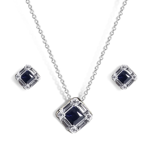 0.46ct Sapphire and Diamond Baguette Halo Pendant and Earring in 9ct White Gold Set