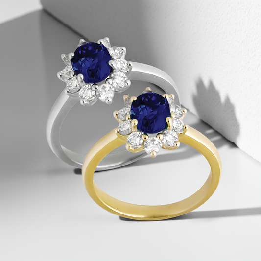 1.12ct Lab-Grown Diamond Halo with Sapphire Engagement Ring in 9ct Gold