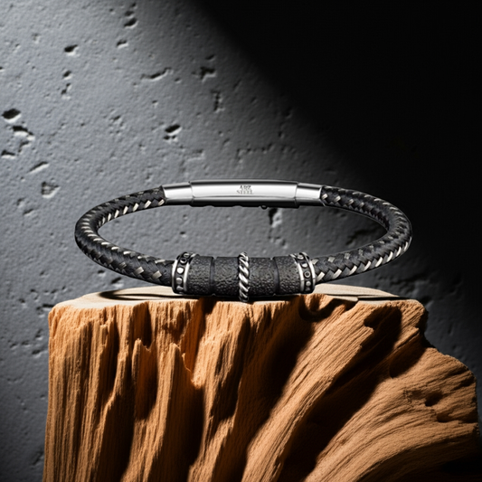 ARZ Steel Textured Stainless Steel with Woven Cords Bracelet