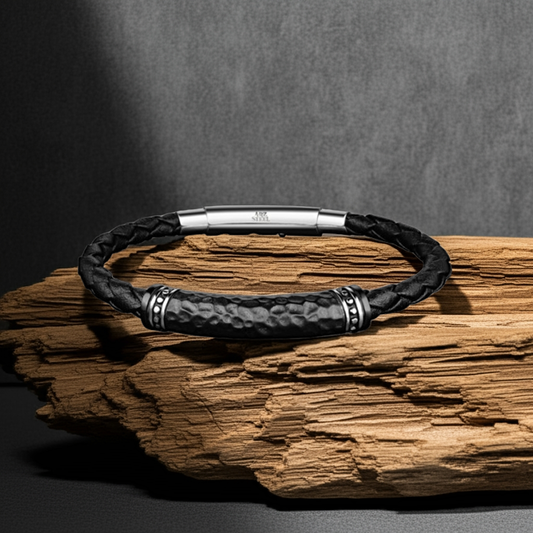 ARZ Steel Textured Stainless Steel with Black Leather Bracelet