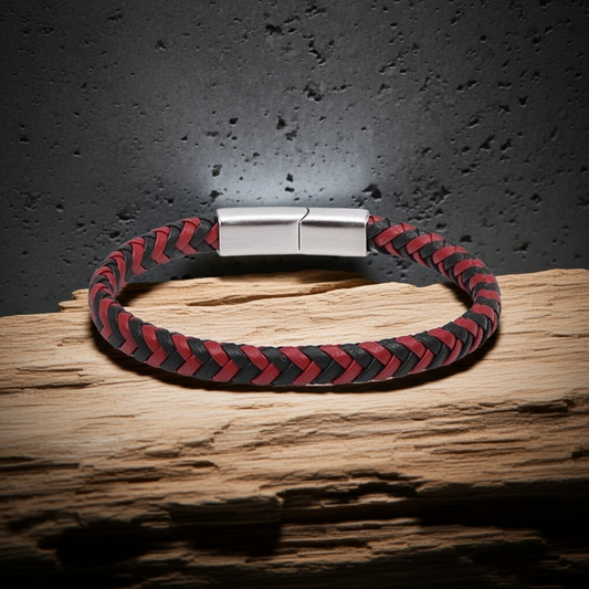 ARZ Steel Red and Black Diamond Woven Leather Bracelet