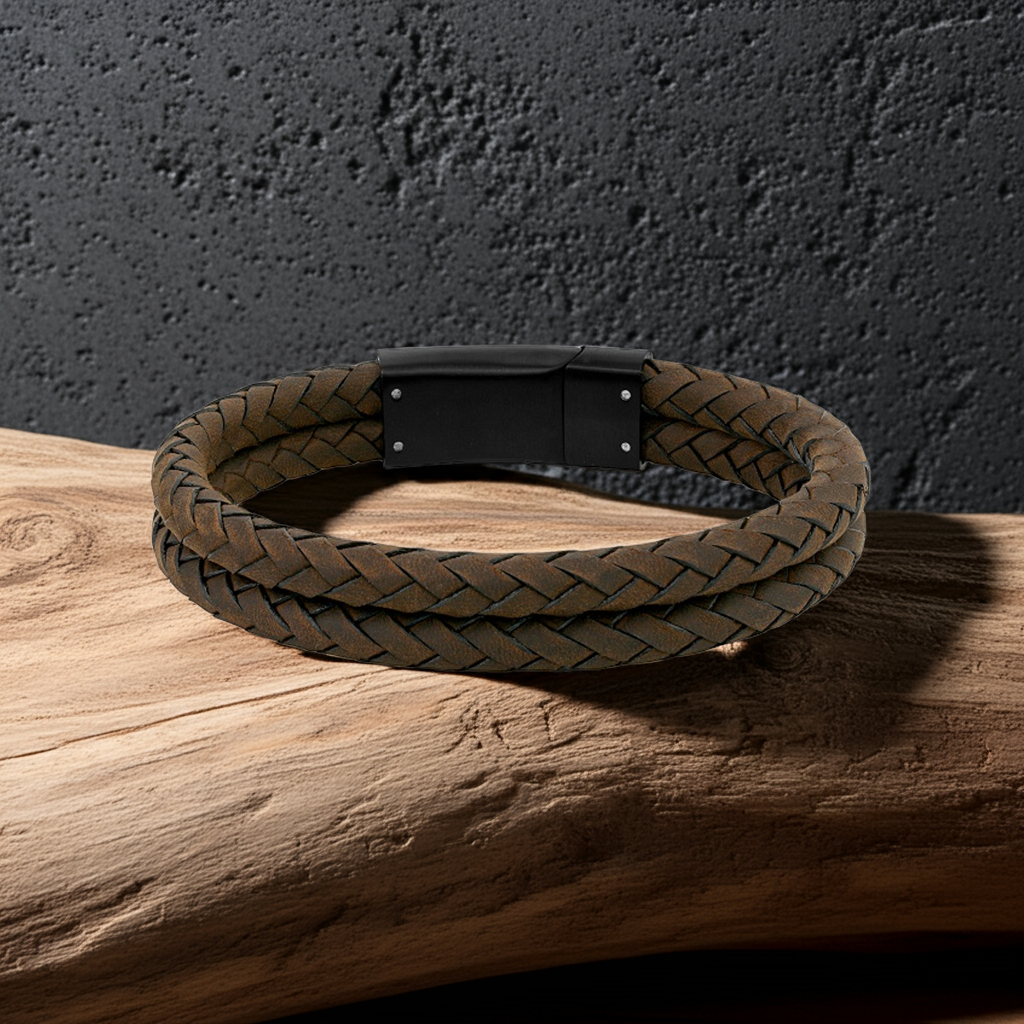ARZ Steel Black Steel Clasp with Double Brown Tight Cross Woven Leather Bracelet