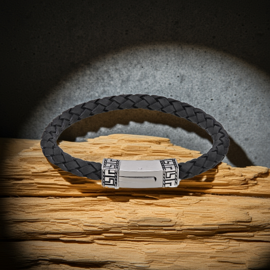 ARZ Steel Tribal Decal Clasp with Black Crossover Woven Leather Bracelet