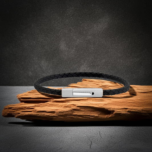 ARZ Steel Thin Rugged Clasp Leather woven Bracelet