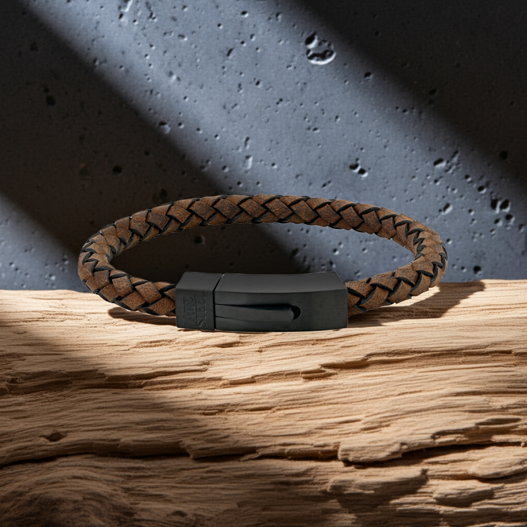 ARZ Steel Black Steel Clasp with Cross Woven Leather Bracelet