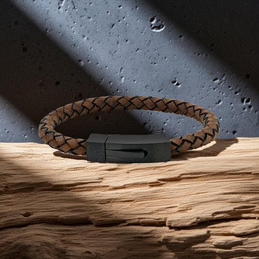 ARZ Steel Black Steel Clasp with Cross Woven Leather Bracelet