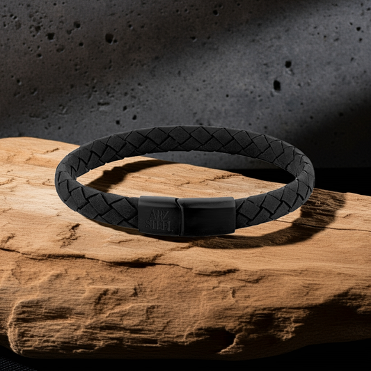 ARZ Steel Diamond Woven Leather Bracelet