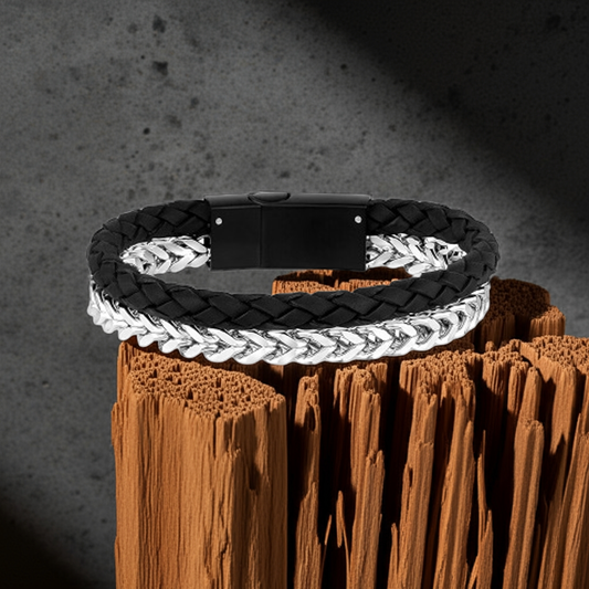 ARZ Steel Black and Steel Woven Leather and Steel Split Bracelet