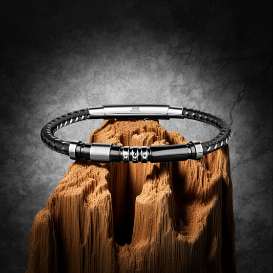 ARZ Steel Black Stylized Stainless Steel Leather and woven Rope Bracelet