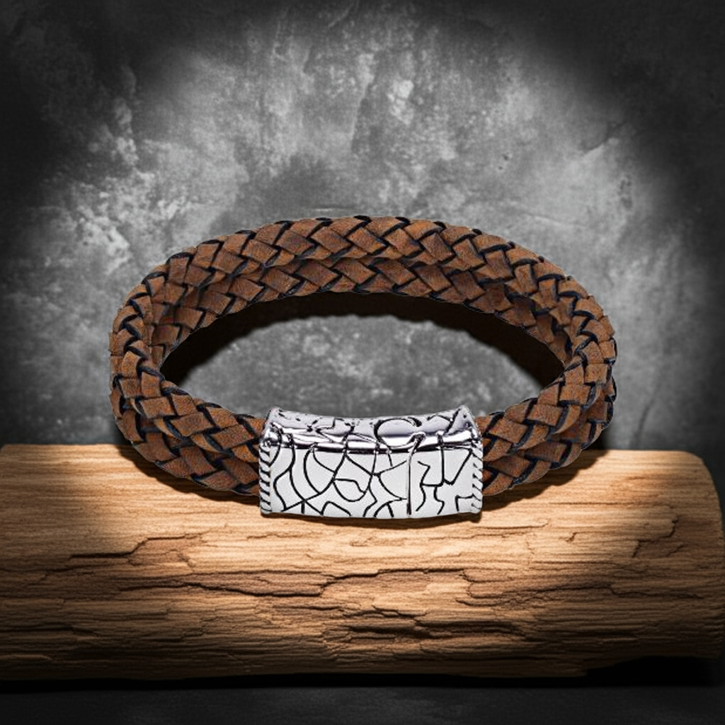 ARZ Steel Textured Face with double Cross Woven Leather Bracelet