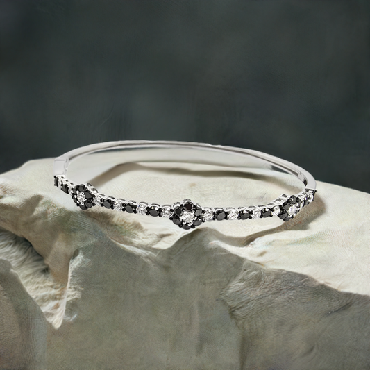 0.60ct Black Diamond Floral Designer Bangle in 9ct White Gold