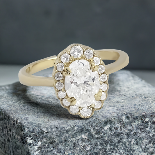 1.25ct Lab-Grown Oval Diamond Halo Engagement Ring in 9ct Gold