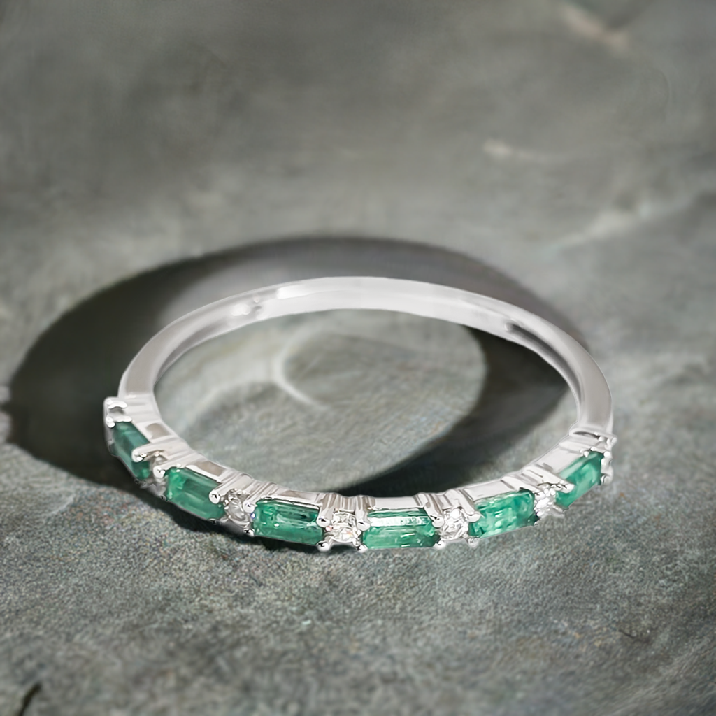 Emerald and Diamond Eternity Wedding Ring in 9ct White Gold