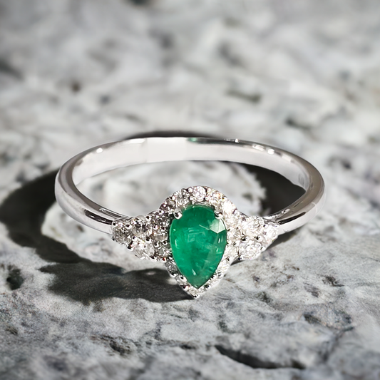 0.37ct Teardrop Emerald and Diamond Halo Wedding Ring in 9ct White Gold