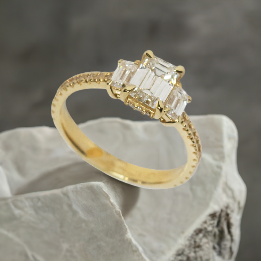 1.00ct Lab-Grown Diamond Emerald Cut Trilogy Engagement Ring in 9ct Yellow Gold