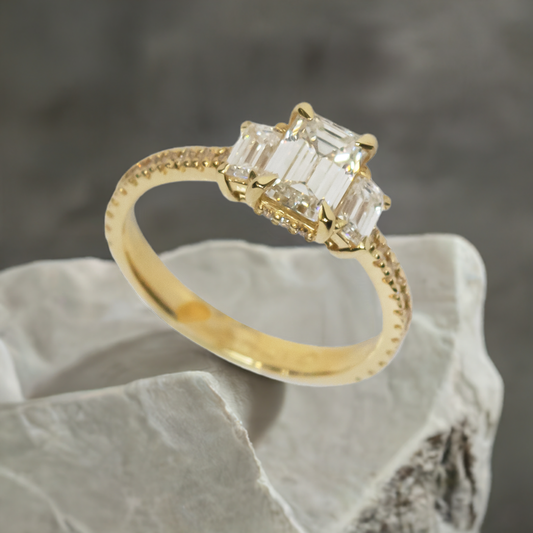 1.00ct Lab-Grown Diamond Emerald Cut Trilogy Engagement Ring in 9ct Yellow Gold