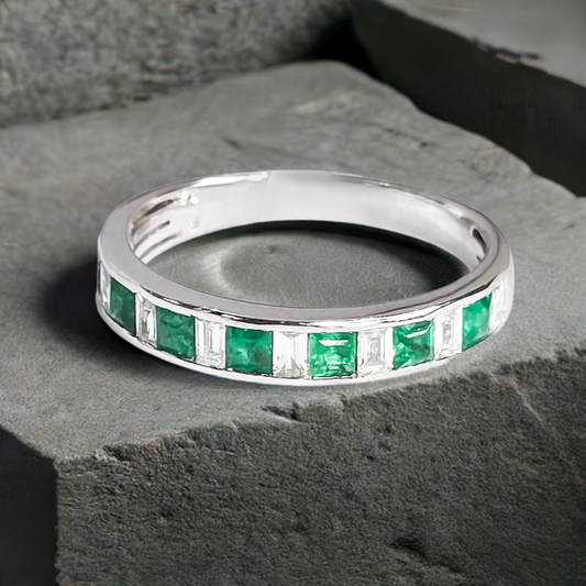 0.48ct Emerald and Diamond Eternity Wedding Ring in 9ct White Gold