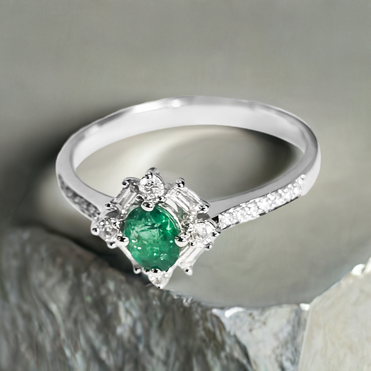 Round Emerald and Diamond Halo Wedding Ring in 9ct White Gold