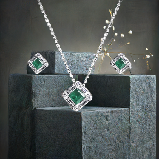 0.27ct Emerald and Diamond Baguette Halo Pendant and Earring in 9ct White Gold Set